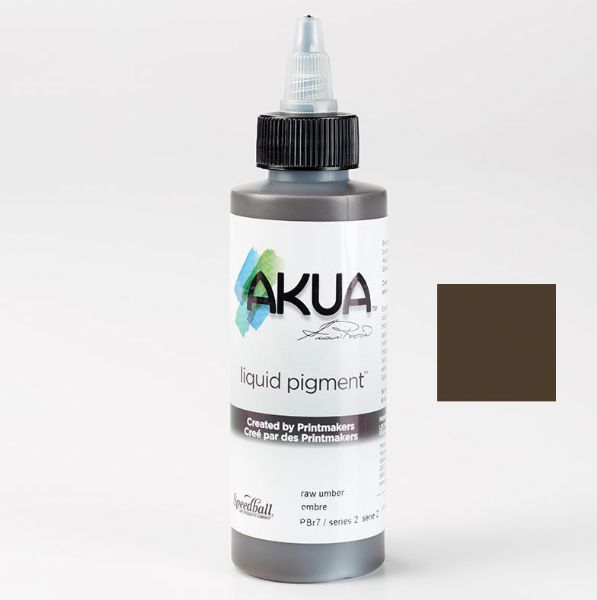 Akua AKRU Liquid Pigment Printmaking Ink 4 oz Raw Umber; Developed to deliver brilliant colors, intense blacks, and unmatched working properties; Made with the highest quality lightfast pigments with no chalk or suspending agents; Colors are exceptionally strong, yet transparent; Ideal for multi-layer printing for all monotype techniques; UPC 893419000224 (AKUAAKRU AKUA-AKRU LIQUID-PIGMENT-AKRU PRINTMAKING)