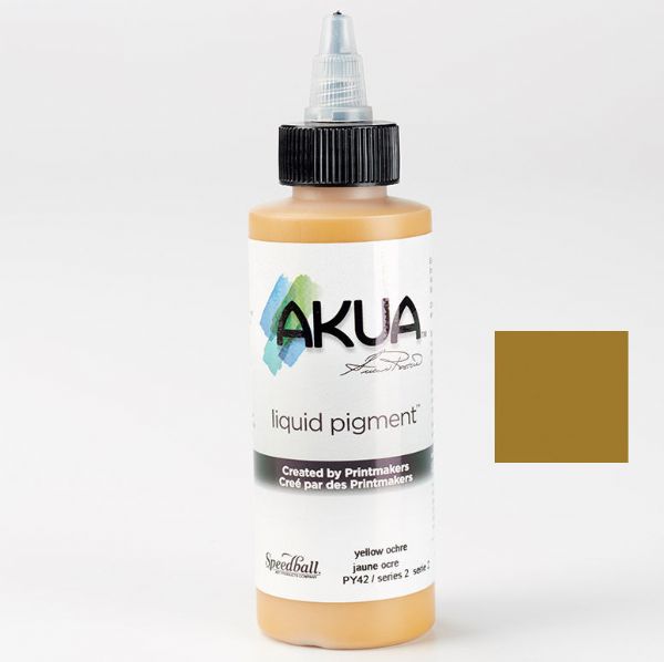 Akua AKYO Liquid Pigment Printmaking Ink 4 oz Yellow Ochre; Developed to deliver brilliant colors, intense blacks, and unmatched working properties; Made with the highest quality lightfast pigments with no chalk or suspending agents; Colors are exceptionally strong, yet transparent; Ideal for multi-layer printing for all monotype techniques; UPC 893419000163 (AKUAAKYO AKUA-AKYO LIQUID-PIGMENT-AKYO PRINTMAKING)