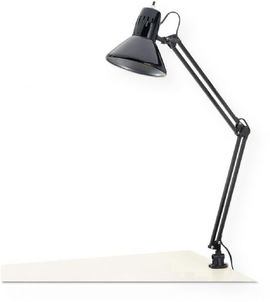 Alera ALELMP702B Clamp-on Architect Lamp, Black; Two-point Adjustable Arm; 360-degree Rotation; Adjustable Shade Rotation; Non-skid Mounting Clamp; 2 Prong Plug; On/Off Switch; Bulb Included; Protective Felt On Clamp;  Includes Tension Knobs To Lock Arm and Shade In Working Position; Dimensions 6.75
