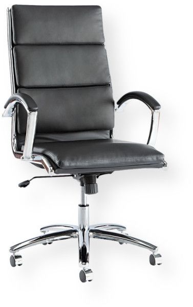 Alera ALENR4119 Neratoli Series High-Back Swivel/Tilt Chair, Black; Chrome Frame; Cushioned Soft Leather Seat; Padded Arm Caps; 5-star Base With Casters for Extra Mobility; Waterfall Seat; Fixed Arched Arms; Supports up to 275 lbs; Meets or exceeds ANSI/BIFMA Standards; Shipping Dimensions (LxHxW): 39.57