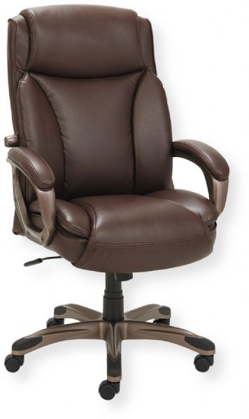 Alera ALEVN4159 Veon Series Executive High-Back Bonded Leather Chair, Brown Seat/Back; Bronze Base; Coil Spring Cushioned Seat; Ergonomic Side Bolsters; Adjustable Lumbar Support; 5-star Base with Protective Foot Zones; Cushioned Waterfall Seat; 5 Nylon Casters; Dimensions (LxWxH): 32.69