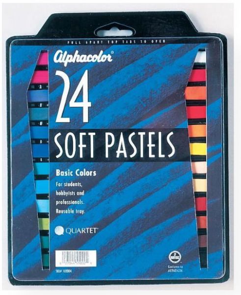 Alphacolor QT102004 Soft Pastels Basic 24-Color Set; A multi-purpose assortment; Ideal for most color selection requirements; Set includes 24 pastels: Blue-Green, Burnt Sienna, Dark Blue, Dark Green, Earth, Gray, Magenta, Red-Orange, Red-Violet, Turquoise, Ochre, Yellow-Orange, Black, Blue, Brown, Green, Light Blue, Orange, Peach, Red, Violet, White, Yellow, Yellow-Green; Colors subject to change; Shipping Weight 0.38 lb; UPC 034138020043 (ALPHACOLORQT102004 ALPHACOLOR-QT102004 DRAWING PASTEL)
