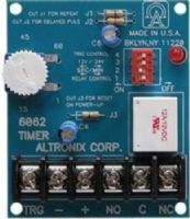 Altronix 6062 Multi-Purpose Timer Module, 12VDC or 24VDC selectable operation, Quick and extremely accurate time range adjustment from 1 sec. to 60 min., LED indicates relay is energized, Form "C" relay contacts are 8 AMP at 120VAC/28VDC, Triggers via positive DC (+) voltage, dry contact closure, or removal of contact closure (ALTRONIX6062 ALTRONIX-6062) 