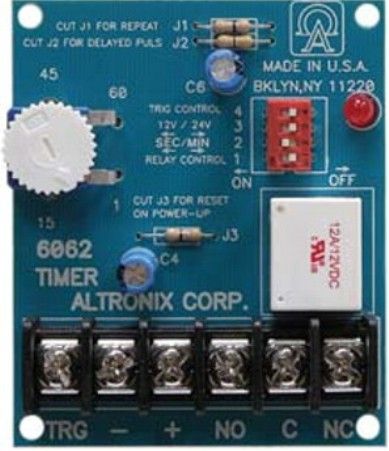 Altronix 6062 Multi-Purpose Timer Module, 12VDC or 24VDC selectable operation, Quick and extremely accurate time range adjustment from 1 sec. to 60 min., LED indicates relay is energized, Form 