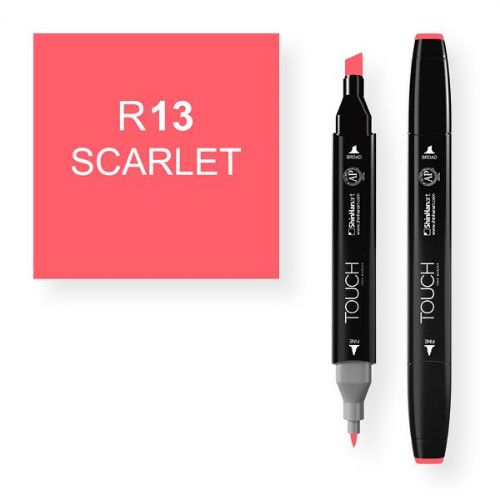 ShinHan Art 1110013-R13 Scarlet Marker; An advanced alcohol based ink formula that ensures rich color saturation and coverage with silky ink flow; The alcohol-based ink doesn't dissolve printed ink toner, allowing for odorless, vividly colored artwork on printed materials; The delivery of ink flow can be perfectly controlled to allow precision drawing; EAN 8809