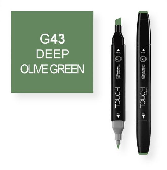 ShinHan Art 1110043-G43 Deep Olive Green Marker; An advanced alcohol based ink formula that ensures rich color saturation and coverage with silky ink flow; The alcohol-based ink doesn't dissolve printed ink toner, allowing for odorless, vividly colored artwork on printed materials; The delivery of ink flow can be perfectly controlled to allow precision drawing; EAN 8809309660395 (SHINHANARTALVIN SHINHANART-ALVIN SHINHANART1110043-G43 SHINHANART-1110043-G43 ALVIN1110043-G43 ALVIN-1110043-G43)