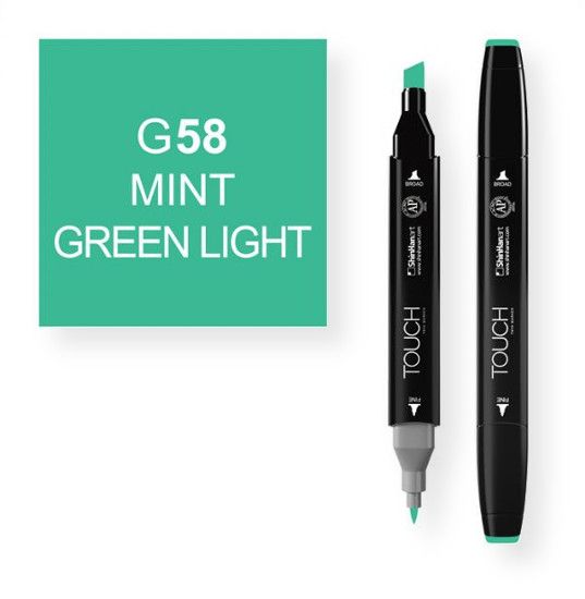 ShinHan Art 1110058-G58 Mint Green Light Marker; An advanced alcohol based ink formula that ensures rich color saturation and coverage with silky ink flow; The alcohol-based ink doesn't dissolve printed ink toner, allowing for odorless, vividly colored artwork on printed materials; The delivery of ink flow can be perfectly controlled to allow precision drawing; EAN  8809309660548 (SHINHANARTALVIN SHINHANART-ALVIN SHINHANAR1110058-G58 SHINHANART-1110058-G58 ALVIN1110058-G58 ALVIN-1110058-G58)