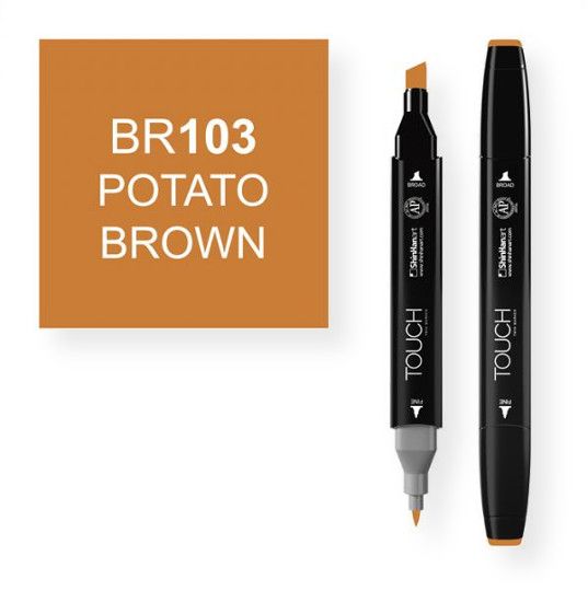 ShinHan Art 1110103-BR103 Potato Brown Marker; An advanced alcohol based ink formula that ensures rich color saturation and coverage with silky ink flow; The alcohol-based ink doesn't dissolve printed ink toner, allowing for odorless, vividly colored artwork on printed materials; The delivery of ink flow can be perfectly controlled to allow precision drawing; The ergonomically designed rectangular body resists rolling on work surfaces and provides a perfect grip that avoids smudges and smears; E