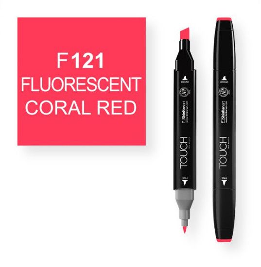 ShinHan Art 1110121-F121 Fluorescent Coral Red Marker; An advanced alcohol based ink formula that ensures rich color saturation and coverage with silky ink flow; The alcohol-based ink doesn't dissolve printed ink toner, allowing for odorless, vividly colored artwork on printed materials; The delivery of ink flow can be perfectly controlled to allow precision drawing; The ergonomically designed rectangular body resists rolling on work surfaces and provides a perfect grip that avoids smudges and s