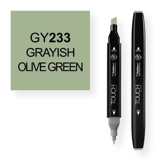 ShinHan Art 1110233-GY233 Grayish Olive Green Marker; An advanced alcohol based ink formula that ensures rich color saturation and coverage with silky ink flow; The alcohol-based ink doesn't dissolve printed ink toner, allowing for odorless, vividly colored artwork on printed materials; The delivery of ink flow can be perfectly controlled to allow precision drawing; EAN 8809326960539 (SHINHANARTALVIN SHINHANART-ALVIN SHINHANARTALVIN SHINHANART-1110233-GY233 ALVIN1110233-GY233 ALVIN-1110233-GY233