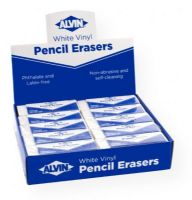 Alvin 1410AE White Vinyl Pencil Erasers 20/Box; For removing graphite from paper, drafting vellums and film without ghosting; Size: 5"w x 4.5"h x 4.5"d; Contents: 20 phthalate and latex-free erasers, PVC material is non-abrasive and self-cleaning, protective sliding sleeve; Individual eraser measures 2.375" x .875" x .5"; Shipping Weight 1.12 lb; Shipping Dimensions 5.2 x 4.5 x 1.00 in; UPC 088354859895 (ALVIN1410AE ALVIN-1410AE ARTWORK) 