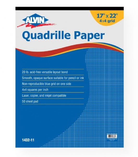Alvin 1432-11 Quadrille Paper 4x4 Grid 50-Sheet Pad 17 x 22; 20 lb basis, acid-free, versatile layout bond, printed with a non-reproducible blue grid on one side; Smooth opaque surface, suitable for pencil or ink with good erasing qualities; Laser, copier, and inkjet compatible; Commonly used by draftsmen, architects, and engineers for plotting graphs, drawing diagrams, statistical data, etc; UPC 088354933847 (ALVIN143211 ALVIN-143211 ALVIN-1432-11 ALVIN/143211 ENGINEERING ARCHITECTURE)
