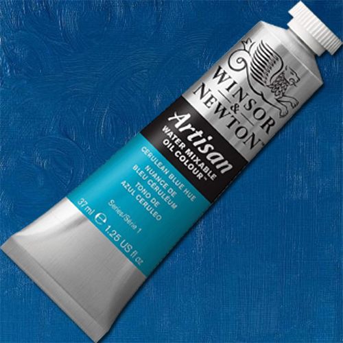 Winsor And Newton 1514138 Artisan Water Mixable Oil Color, 37 ml Tube, Cerulean Blue Hue; A single pigment color, Cerulean Blue Hue is a mid-range red color with strong tinting qualities; It is a highly stable, bold opaque pigment; Artisan Water Mixable Oil Color has been specifically developed to appear and work just like conventional oil color; UPC 094376896039 (WINSORANDNEWTON WINSOR AND NEWTON ALVIN CERULEAN BLUE HUE 1514138)