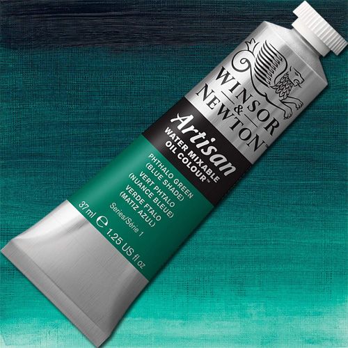 Winsor And Newton 1514522 Artisan Water Mixable Oil Color, 37 ml Tube, Phthalo Green (Blue Shade); A single pigment color, Phthalo Green (Blue Shade) is a mid-range red color with strong tinting qualities; It is a highly stable, bold opaque pigment; Artisan Water Mixable Oil Color has been specifically developed to appear and work just like conventional oil color; UPC 094376896091 (WINSORANDNEWTON WINSOR AND NEWTON ALVIN PHTHALO GREEN (BLUE SHADE) 1514522)