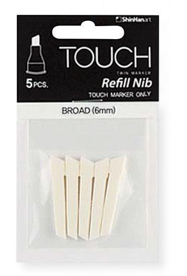 ShinHan Art 2870001 5-Pack Broad Chisel 6mm Replacement Nib; Marker nibs can be replaced and customized to the user's needs; Any TOUCH nib fits in any TOUCH marker barrel; EAN: 8809042059364 (SHINHANART2870001 SHINHANART-2870001 ALVIN2870001 ALVIN-2870001 ALVINREPLACEMENTNIB SHINHANARTREPLACEMENTNIB)