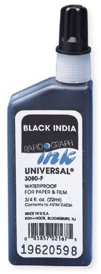Koh-I-Noor 3080F-BLA 3/4oz Drawing Ink Black; An extremely versatile waterproof drawing ink for use on paper, film, and cloth; Free flowing and fast drying with permanent adhesion, yet is easily erasable from drafting film; UPC: 014173276049 (KOH-NOOR3080F-BLA KOH-NOOR3080FBLA32109 ALVINKOHNOOR3080F-BLA ALVIN-KOH-NOOR3080F-BLA ALVIN-3080F-BLA ALVIN3080F-BLA)