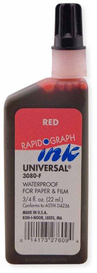 Koh-I-Noor 3080F-RED 3/4oz Drawing Ink Red; An extremely versatile waterproof drawing ink for use on paper, film, and cloth; Free flowing and fast drying with permanent adhesion, yet is easily erasable from drafting film; UPC: 085857021729 (KOH-NOOR3080F-RED KOH-NOOR3080F-RED ALVINKOHNOOR3080F-RED ALVIN-KOH-NOOR3080F-RED ALVIN-3080F-RED ALVIN3080F-RED)