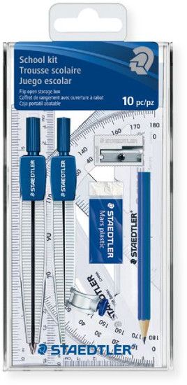 Staedtler 55060S3A6 School Math Kit; Nine essential tools in a flip open storage box; Includes one each of metal divider, metal compass with universal adapter, HB pencil, 6