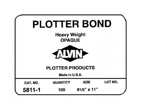 Alvin 5811-5 Heavyweight Opaque Plotter Bond 100-Sheet Pack 11 x 17; For checkplots; 92% bright, snow white finish provides excellent contrast; Great for pen/inkjet use; Extremely durable, yet economical; Use when Diazo production is not intended; Recommended pen type is felt-tip or ballpoint; Shipping Weight 3.31 lb; Shipping Dimensions 17.00 x 11.00 x 0.5 in; UPC 088354855606 (ALVIN58115 ALVIN-58115 ALVIN-5811-5 ALVIN/5811/5 PAPER PLOTTING)