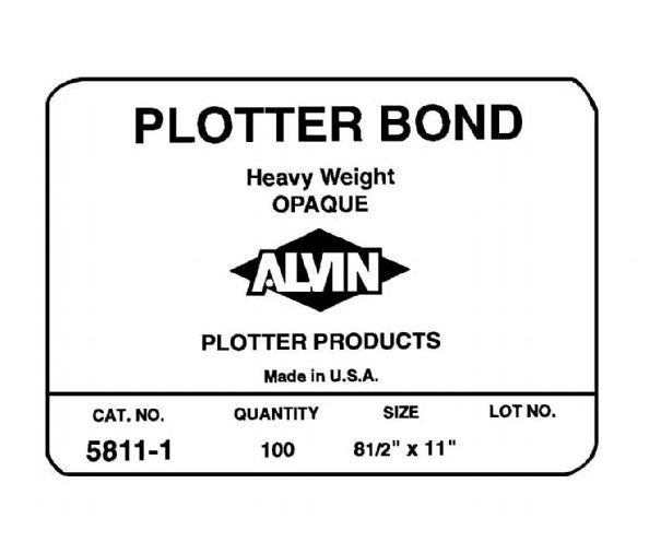 Alvin 5811-9 Heavyweight Opaque Plotter Bond 50-Sheet Pack 22 x 34; For checkplots; 92% bright, snow white finish provides excellent contrast; Great for pen/inkjet use; Extremely durable, yet economical; Use when Diazo production is not intended; Recommended pen type is felt-tip or ballpoint; Shipping Weight 8.31 lb; Shipping Dimensions 34.00 x 22.00 x 0.25 in; UPC 088354855705 (ALVIN58119 ALVIN-58119 -5811-9 ALVIN-58119 PAPER PLOTTING)