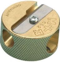 Alvin 9867 Solid Brass Double-Hole Round Pencil Sharpener; Double-hole sharpener with a replaceable blade; Accepts large diameter pencils up to 0.3125"; Blister-carded; Shipping Dimensions 4.75" x 4.75" x 2.50"; Shipping Weight 5 lbs; UPC 88354259404 (9867 986-7 98-67 ALVIN9867 ALVIN-9867 ALVIN-98-67) 