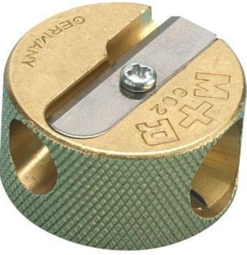 Alvin 9867 Solid Brass Double-Hole Round Pencil Sharpener; Double-hole sharpener with a replaceable blade; Accepts large diameter pencils up to 0.3125