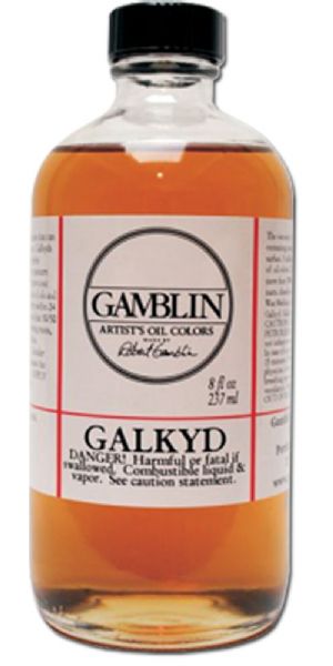 Gamblin G01008 Galkyd Medium 8oz; High viscosity and fast dry; Galkyd increases the fluidity of oil colors and speeds drying time; Thin layers of oil colors are dry in 24 hours; Galkyd also levels brush strokes, creates a strong, flexible paint film and leaves enamel-like glossy finish; Can be thinned with odorless mineral sprits; Make excellent glazing mediums; Dimensions 2.25