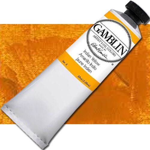 Gamblin G1350 Artists' Grade, Oil Color 37ml Indian Yellow; Alkyd oil colors with luscious working properties; No adulterants are used so each color retains the unique characteristics of the pigments, including tinting strength, transparency, and texture; FastMatte colors give painters a palette of oil colors that dry to a beautiful matte surface in 18 hours; UPC 729911113202 (GAMBLIN G1350 PAINT ALVIN OIL INDAN YELLOW)