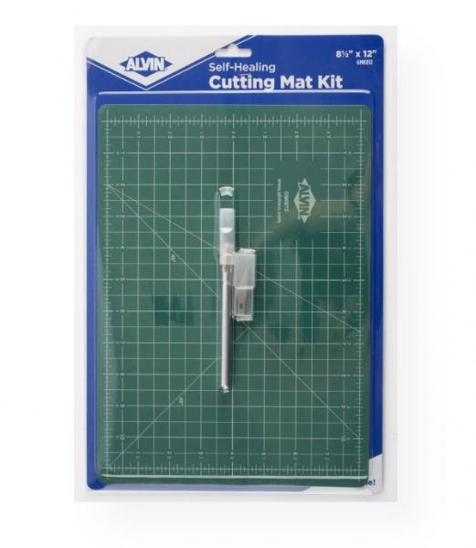 Alvin GMK812 Self-Healing Cutting Mat Kit 8.5 x 12; Kits feature Alvin professional quality GBM series self-healing cutting mats which are green on one side and black on the other; Printed grid pattern includes guide lines for 45 degrees and 60 degrees angles, .5