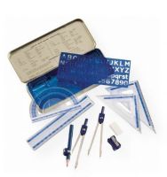 Alvin MS10 10-Piece Mathematical Instrument Set; Set includes metal pencil compass, alphabet stencil, 45 degrees triangle, 30/60 degrees triangle, vinyl eraser, metal divider, pencil, 6"/15cm ruler, 180 degrees protractor, and sharpener; Packaged in attractive metal case with printed conversion charts inside lid; Shipping Weight 0.34 lb; Shipping Dimensions 8.00 x 3.00 x 0.75 in; UPC 088354806295 (ALVINMS10 ALVIN-MS10 ALVIN/MS10 GEOMETRY ARCHITECTURE) 