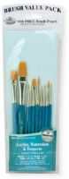 Royal & Langnickel RSET-9156 Teal Blue 10-Piece Brush Set 3; This is an easy color coded price point program featuring a wide variety of good quality brush shapes and sizes; Set includes gold taklon brushes detail 3/0, 2/0, and 0, round 1, 3, and 5, shader 2 and 6, and flat 5/8"; UPC 9603404050 (ROYAL&LANGNICKEL ROYAL&LANGNICKELRSET-9156 ALVINRSET-9156 ALVIN-RSET-9156 ALVIN-BRUSH ROYAL&LANGNICKEL-BRUSH) 