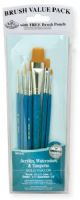 Royal & Langnickel RSET-9183 Teal Blue 7-Piece Brush Set 12; This is an easy color coded price point program featuring a wide variety of good quality brush shapes and sizes; Each set includes a free resealable pouch; Set includes gold taklon brushes glaze wash 3/4", shader 2 and 8, liner 2, and round 5/0, 0, and 5; UPC 090672225986 (ROYAL&LANGNICKEL ROYAL&LANGNICKELRSET-9183 ALVINRSET-9183 ALVIN-RSET-9183 ALVIN-BRUSH ROYAL&LANGNICKEL-BRUSH)   