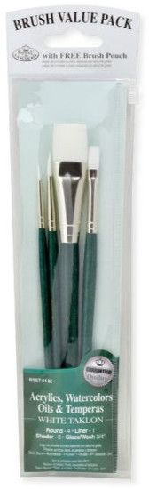 Royal & Langnickel RSET-9142 Green 4-Piece Brush Set 3; This is an easy color coded price point program featuring a wide variety of brush shapes and sizes; Each set includes a free brush pouch; Set includes white taklon brushes round 4, liner 1, shader 8, glaze wash 3/4
