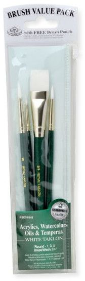 Royal & Langnickel RSET-9145 Green 4-Piece Brush Set 6; This is an easy color coded price point program featuring a wide variety of brush shapes and sizes; Each set includes a free brush pouch; Set includes white taklon brushes glaze wash 3/4