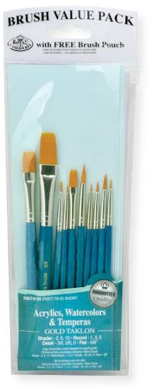 Royal & Langnickel RSET-9156 Teal Blue 10-Piece Brush Set 3; This is an easy color coded price point program featuring a wide variety of good quality brush shapes and sizes; Set includes gold taklon brushes detail 3/0, 2/0, and 0, round 1, 3, and 5, shader 2 and 6, and flat 5/8