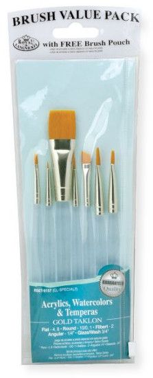 Royal & Langnickel RSET-9157 Teal Blue 7-Piece Brush Set 4; This is an easy color coded price point program featuring a wide variety of brush shapes and sizes; Set includes gold taklon brushes round 10/0 and 1, filber 2, angular 1/4
