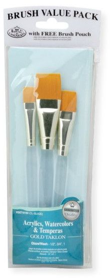 Royal & Langnickel RSET-9160 Teal Blue 3-Piece Brush Set 7; This is an easy color coded price point program featuring a wide variety of good quality brush shapes and sizes; Each set includes a free resealable pouch; Set includes gold taklon brushes glaze wash 1/2