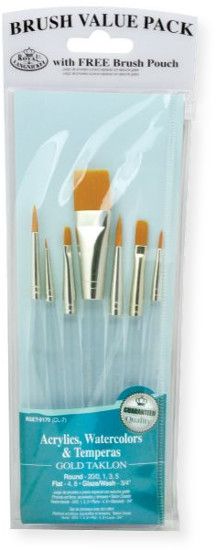 Royal & Langnickel RSET-9170 Teal Blue 7-Piece Brush Set 8; This is an easy color coded price point program featuring a wide variety of brush shapes and sizes; Each set includes a free brush pouch; Set includes gold taklon round 20/0, 1, 3, 5, flat 4 and 8, and wash 3/4