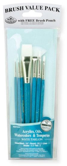 Royal & Langnickel RSET-9181 Teal Blue 7-Piece Brush Set 10; This is an easy color-coded price point program featuring a wide variety of brush shapes and sizes; Each set includes a free brush pouch; Set includes white taklon brushes round 3/0 and 2, liner 1, shader 4 and 6, glaze wash 3/4