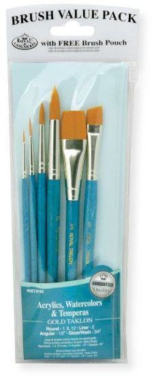 Royal & Langnickel RSET-9182 Teal Blue 6-Piece Brush Set 11; This is an easy color coded price point program featuring a wide variety of good quality brush shapes and sizes; Each set includes a free resealable pouch; Set includes gold taklon brushes round 1, 6, and 12, glaze wash 3/4