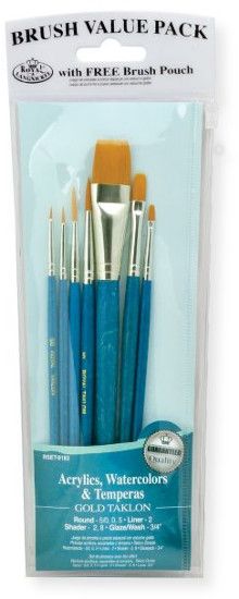 Royal & Langnickel RSET-9183 Teal Blue 7-Piece Brush Set 12; This is an easy color coded price point program featuring a wide variety of good quality brush shapes and sizes; Each set includes a free resealable pouch; Set includes gold taklon brushes glaze wash 3/4