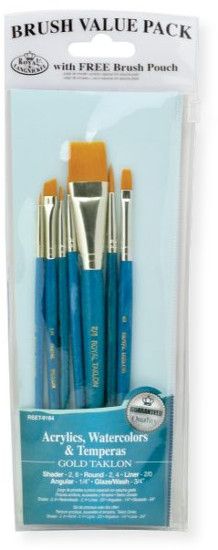 Royal & Langnickel RSET-9184 Teal Blue 7-Piece Brush Set 13; This is an easy color coded price point program featuring a wide variety of good quality brush shapes and sizes; Set includes gold taklon brushes glaze wash 3/4