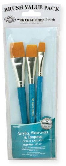 Royal & Langnickel RSET-9185 Teal Blue 3-Piece Brush Set 14; This is an easy color coded price point program featuring a wide variety of brush shapes and sizes; Each set includes a free brush pouch; Set includes gold taklon brushes glaze wash 1/2
