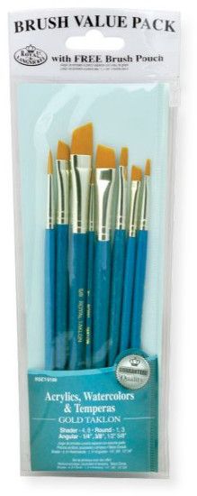 Royal & Langnickel RSET-9186 Teal Blue 8-Piece Brush Set 15; This is an easy color-coded price point program featuring a wide variety of brush shapes and sizes; Each set includes a free brush pouch; Set includes gold taklon brushes round 1 and 3, shader 4 and 6, and angular 1/4