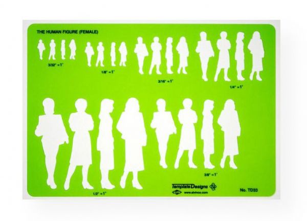 Alvin TD33 Female Human Figure Template; Contains six sizes of standing female figures in silhouette; Four positions; Scales from 3/32