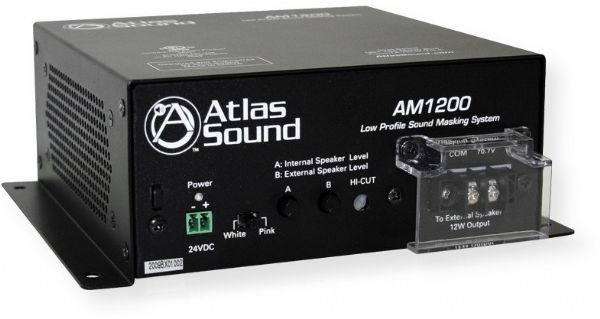 Atlas Sound AM1200 Self Contained Sound Masking System UL2043 with Built In Loudspeakers; Black; Highly versatile system for use on small projects; Self contained audio masking system; Compact Enclosure Design; Features Two Efficient Wide Range 2.00