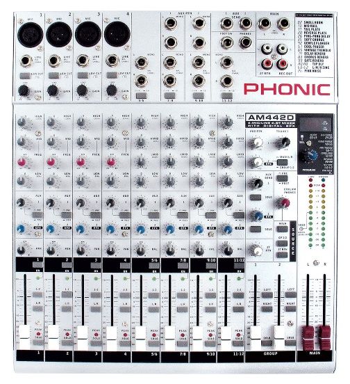 Phonic AM 442D Non-powered Mixer, Audiophile-quality & ultra low noise, 4 Mic/Line channels with inserts and phantom power, 4 stereo channels with 4-band EQ, 3-band EQ with swept mid-range plus low cut on each mono channel (AM442D AM-442D AM 442)
