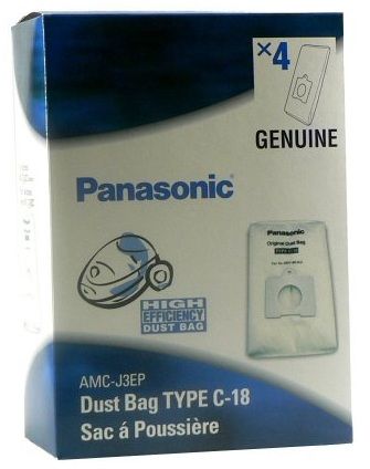 Panasonic AMC-J3EP Canister Replacement Bag type C-18 4/U for MC-CG885; Non-reusable throw-away dust bag; Special tab construction locks in the dirt for easy disposal; 2 ply construction micron filtration, filters 99% efficiency; 4 replacement bags per package; 10