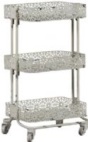 Linon AMME3TIERC1 Cream Metal Three Tier Cart; Fun and versatile addition to a bedroom, kitchen, bathroom, office or craft area; Three shelves provide ample space for storing a variety of items, while wheels make for easy mobility; Distressed floral design adds charm and character to the metal frame; UPC 753793939841 (AMME-3TIERC1 AMME3TIER-C1 AMME-3TIER-C1) 