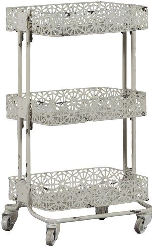 Linon AMME3TIERC1 Cream Metal Three Tier Cart; Fun and versatile addition to a bedroom, kitchen, bathroom, office or craft area; Three shelves provide ample space for storing a variety of items, while wheels make for easy mobility; Distressed floral design adds charm and character to the metal frame; UPC 753793939841 (AMME-3TIERC1 AMME3TIER-C1 AMME-3TIER-C1)
